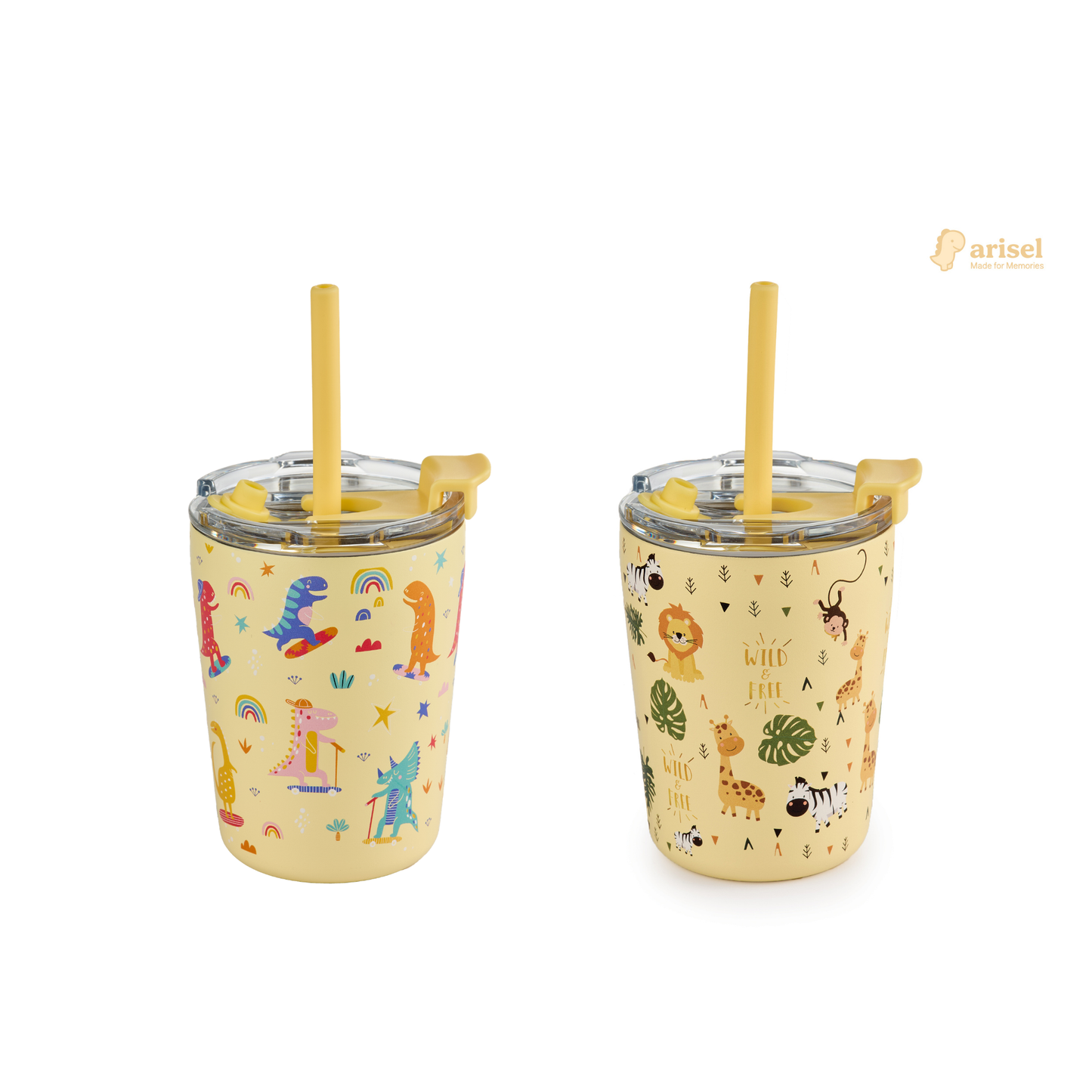 Arisel Kids Stainless Steel Sippy Cup Twin Pack - Safari and Dino