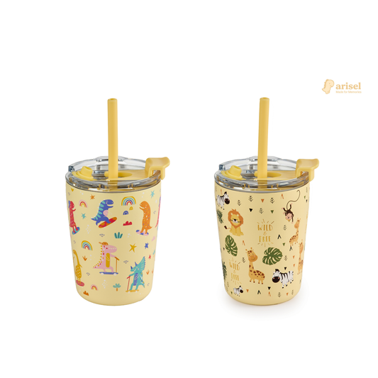 Arisel Kids Stainless Steel Sippy Cup Twin Pack - Safari and Dino