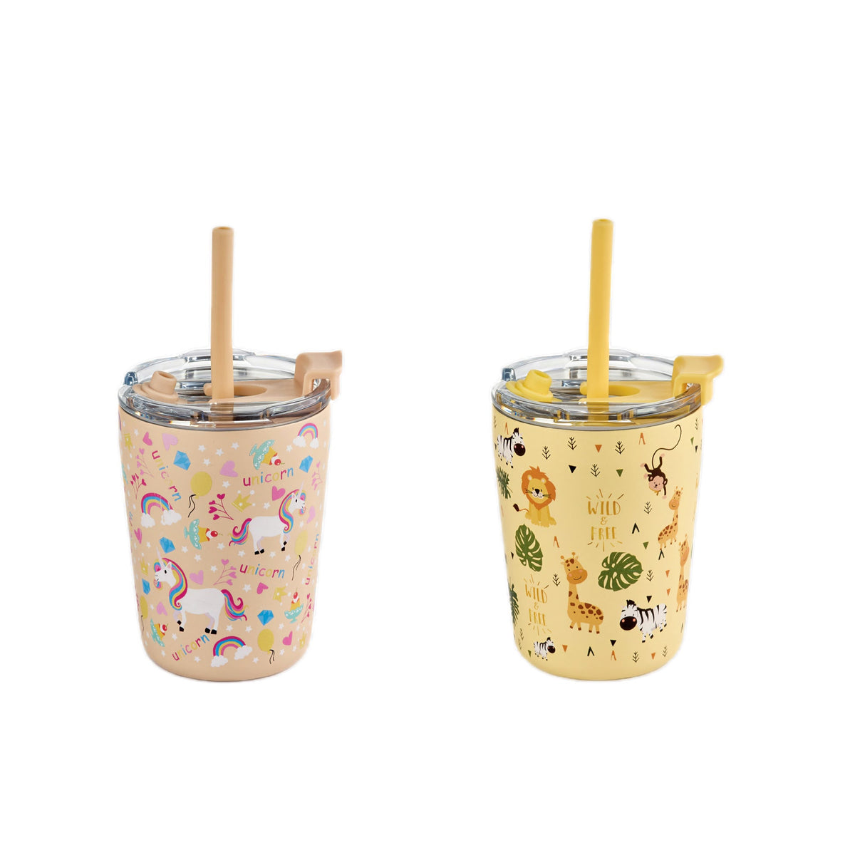 Arisel Kids Stainless Steel Sippy Cup Twin Pack - Safari and Unicorn