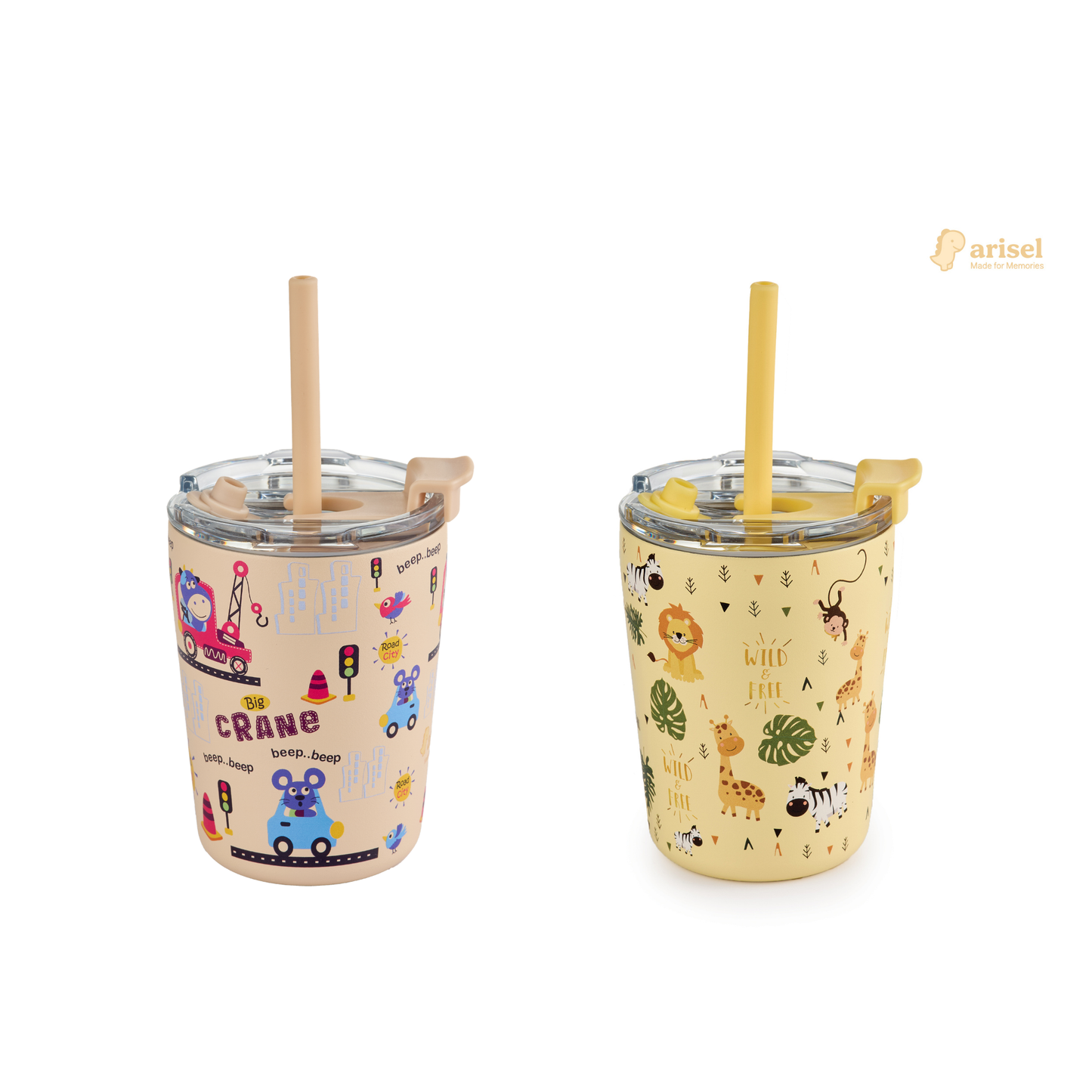 Arisel Kids Stainless Steel Sippy Cup Twin Pack - Safari and Beep