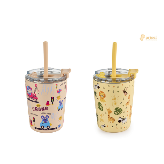 Arisel Kids Stainless Steel Sippy Cup Twin Pack - Safari and Beep