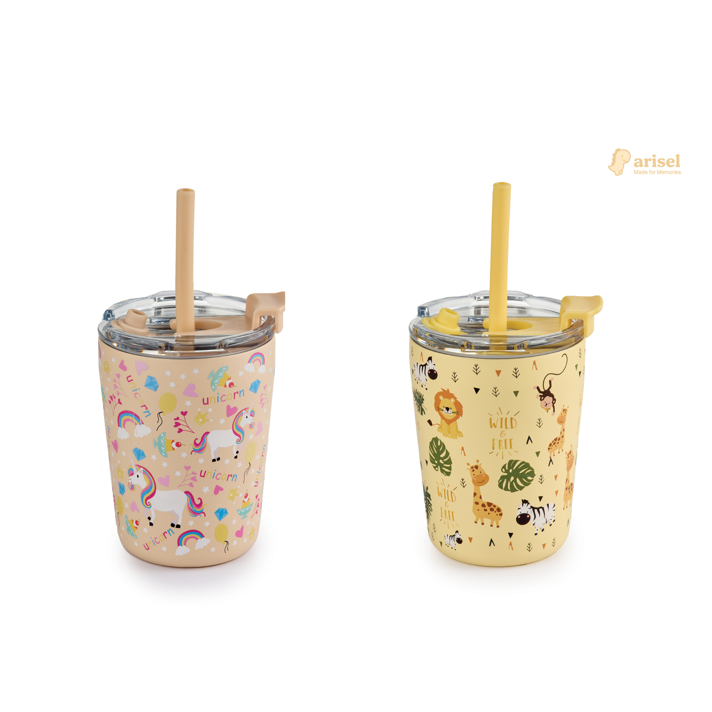 Arisel Kids Stainless Steel Sippy Cup Twin Pack - Safari and Unicorn