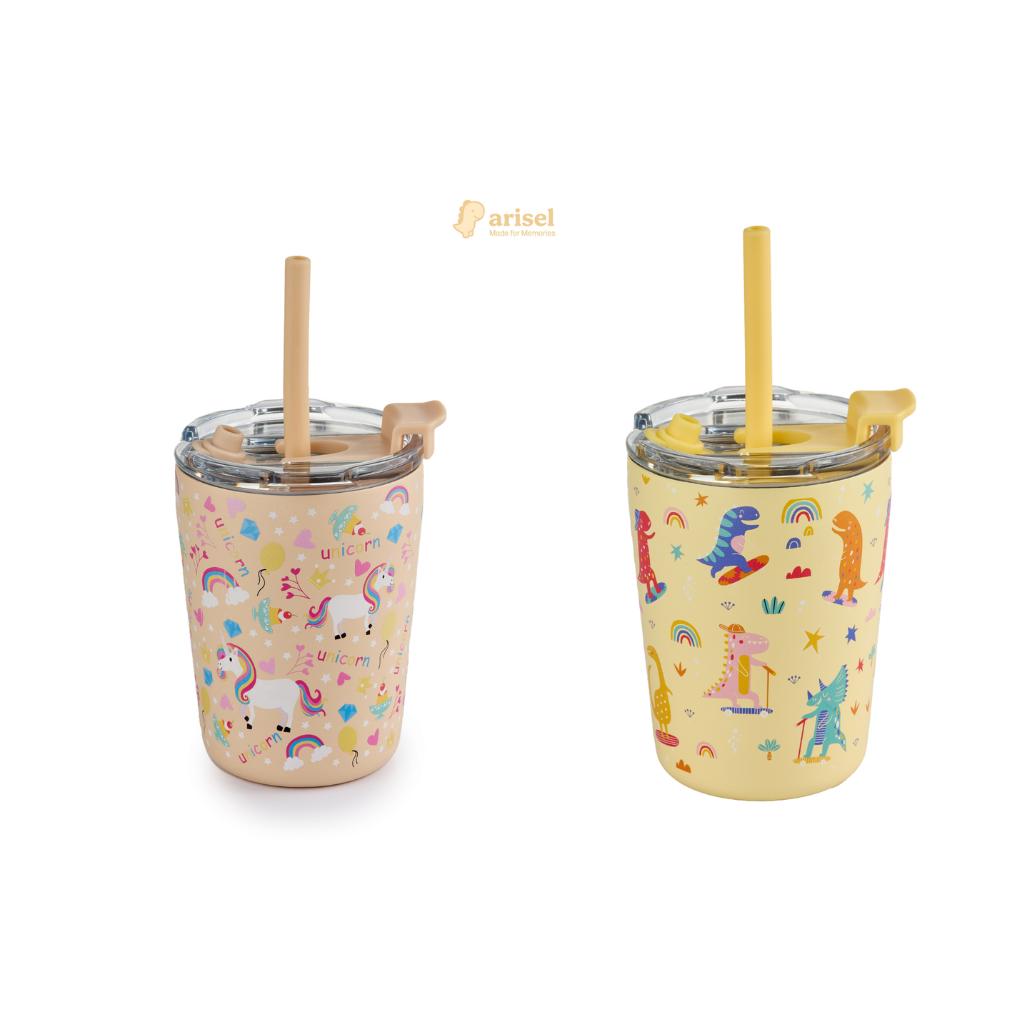 Arisel Kids Stainless Steel Sippy Cup Twin Pack - Unicorn and Dino
